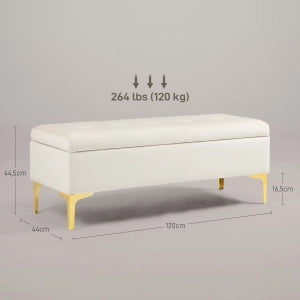 Panca contenitore imbottita con vano nascosto e gambe in metallo dorato, in poliestere beige 120 × 44 × 44,5 cm
