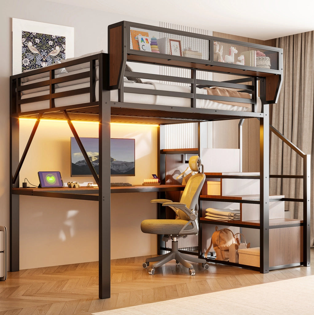 Letto a soppalco 140x200 cm in metallo e MDF nero con scrivania; LED; scala di sicurezza e ripiani