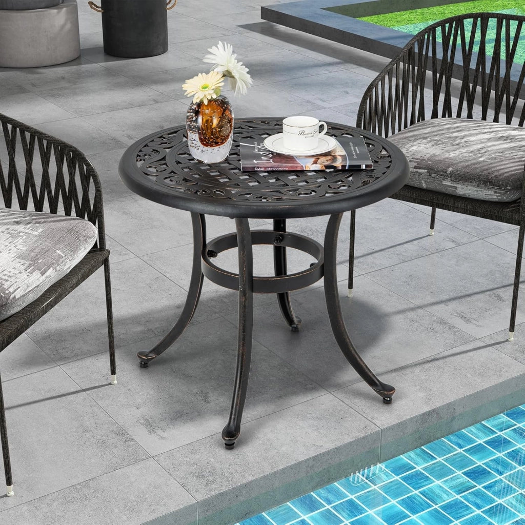 Tavolino da Giardino da 60 cm, Tavolino da Esterno in Alluminio Pressofuso con Piedini Regolabili, Tavolino in Metallo per Piscina, Terrazzo, Balcone, Porta 50 kg, 60 x 53 cm (Marrone Antico)