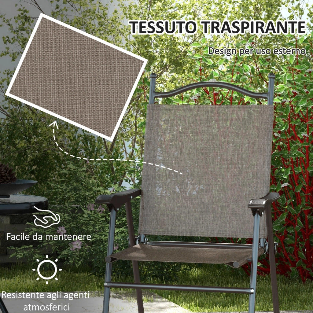 Set 2 Sedie Pieghevoli da Giardino con Braccioli e Seduta in Tessuto Traspirante. Marrone