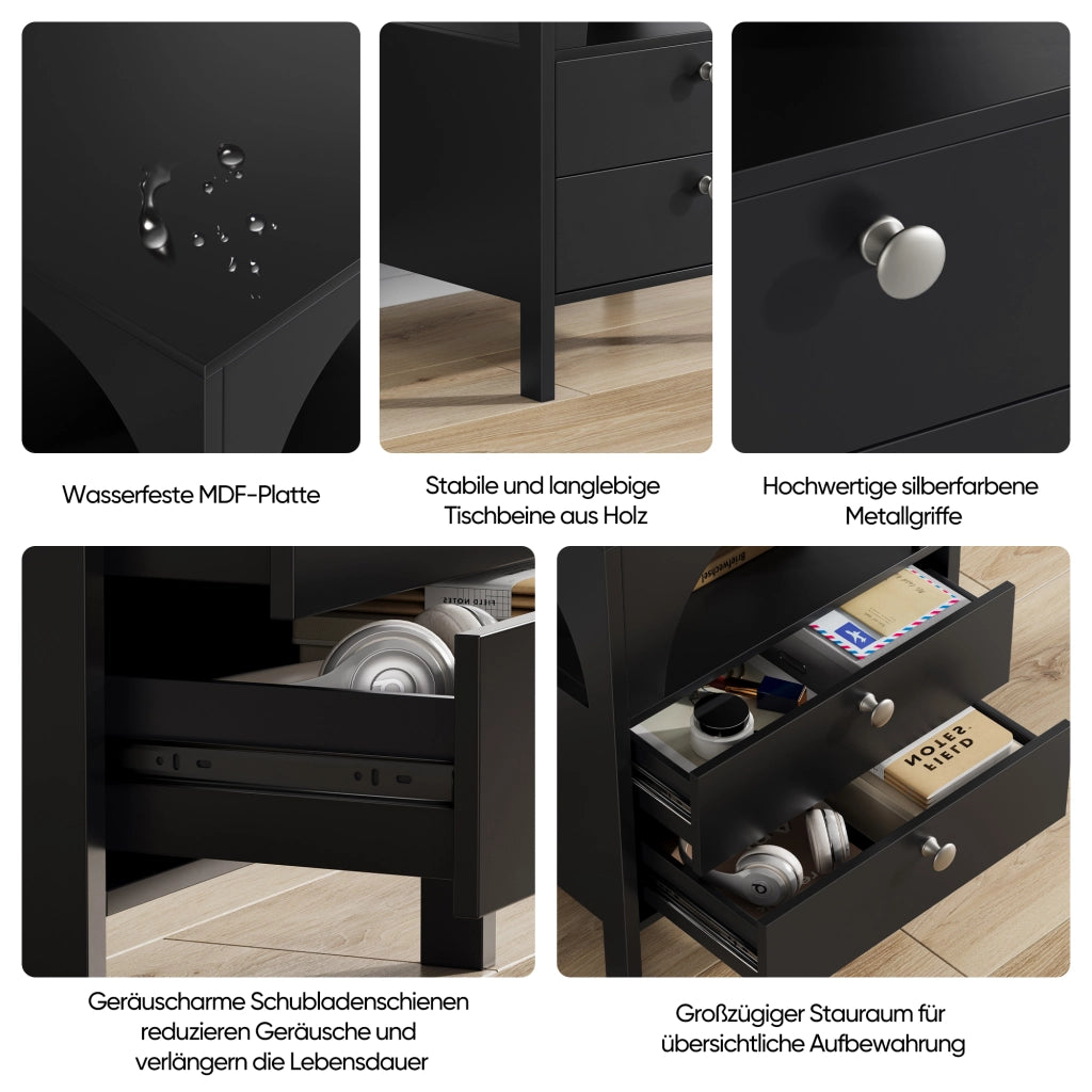 Comodino moderno multifunzione con 2 cassetti e 1 vano aperto, in MDF, per camera da letto, nero, 45 × 40 × 58 cm