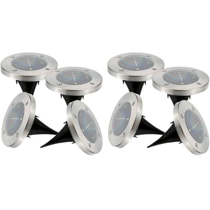 Set di 8 faretti solari rotondi in acciaio inox da incasso o inserzione - LUMISKY - DECKY - LED bianco freddo - 12 cm