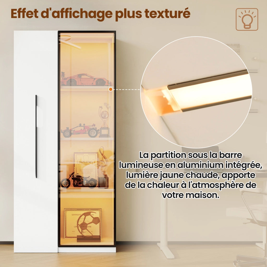 Libreria Vetrina con 1 Porta in Vetro; 1 Scaffale Estraibile; LED; per Soggiorno Sala da Pranzo; MDF; Bianco; 70 × 40 × 160 cm