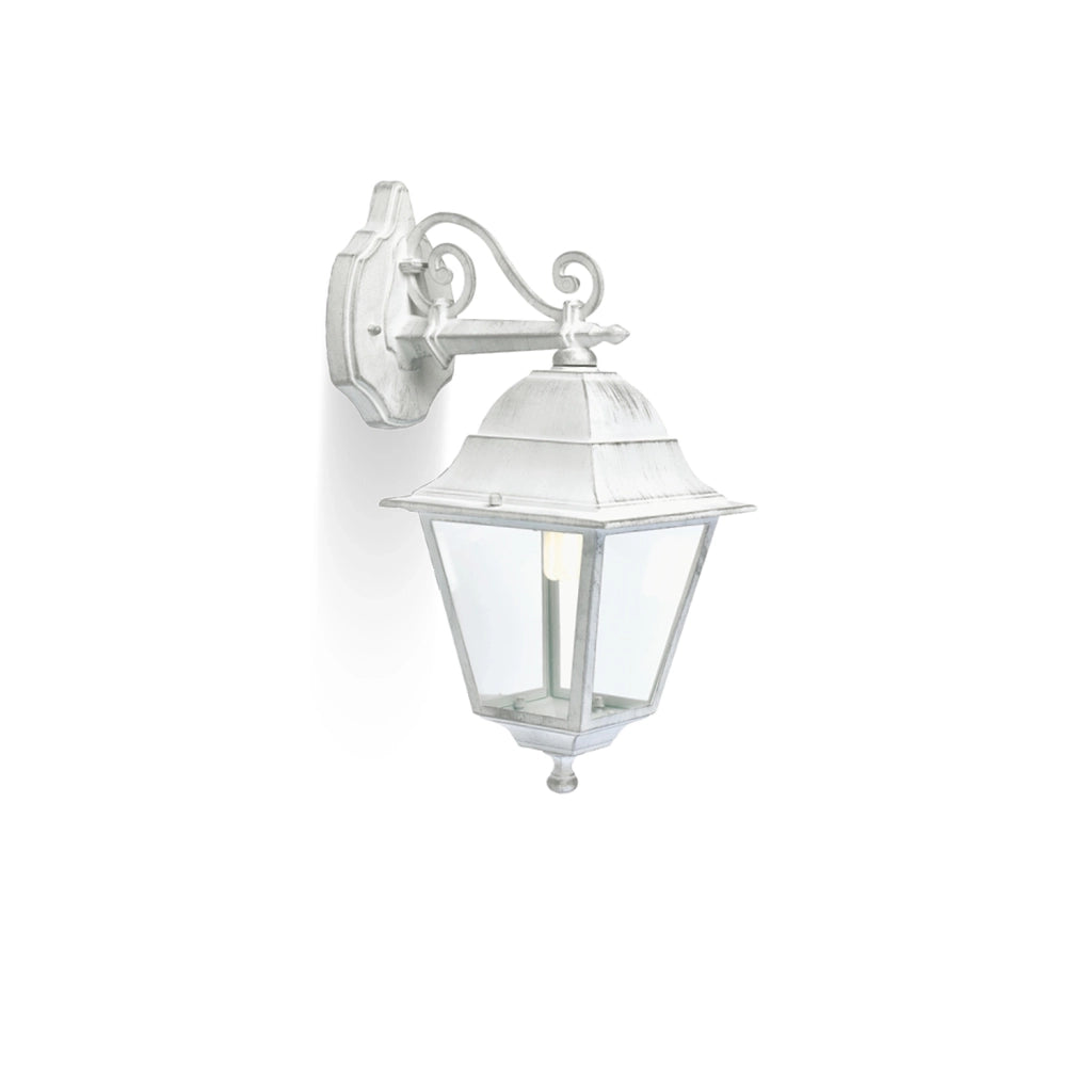 Applique Media In Basso Esterno Old Alluminio E Vetro Bianco E Arg. 1 Luce E27