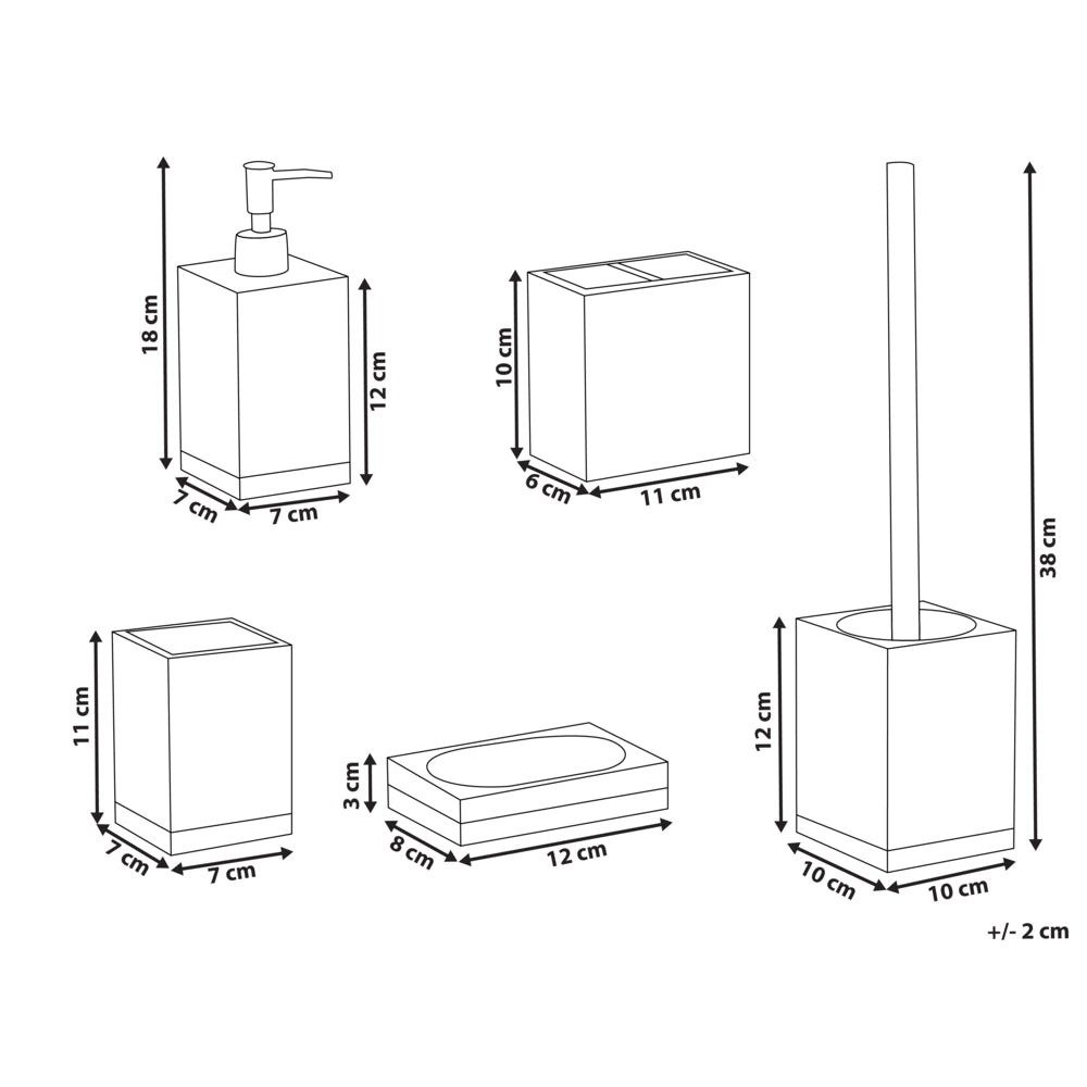 Set di 5 accessori da bagno con portasapone, dispenser, scopino, bicchiere e portaspazzolini bianco