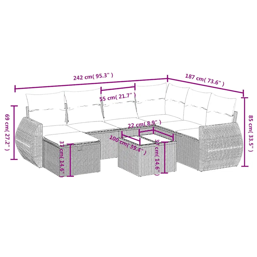 Set Divano da Giardino 8 pz con Cuscini Grigio in Polyrattan 3264156