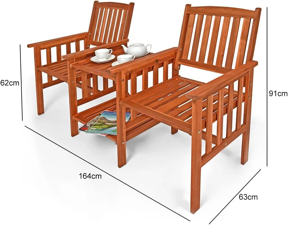 Deuba CASARIA® Panchina da Giardino in Legno Acacia Resistente alle Intemperie con Tavolo Portaoggetti a 2 Posti 320kg 164x63cm Panca da Esterno Terrazza