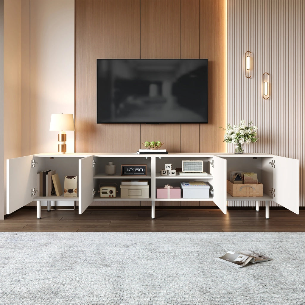 Mobile porta TV con 4 ante e funzione push-to-open, per soggiorno, in PB e MDF, bianco, 170 × 35 × 50 cm