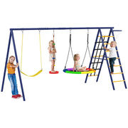 Gioco per Bambini 3-8 Anni con 3 Altalene, Scala a Corda e Canestro Basket, in Acciaio, PE e PP, 3.5x1.8x2 m