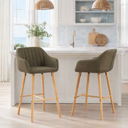 Set di 2 sgabelli da bar con schienale alto; braccioli e poggiapiedi; in lino verde; 104 cm