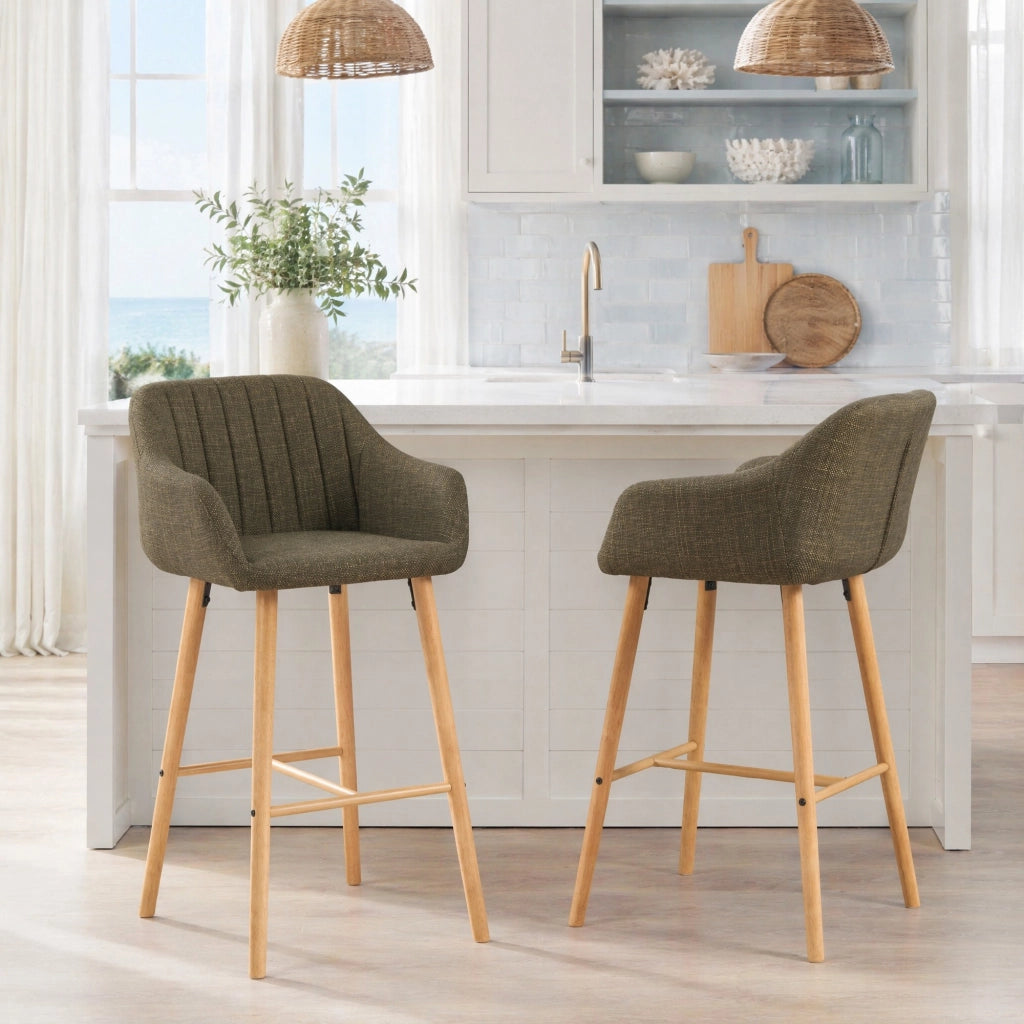 Set di 2 sgabelli da bar con schienale alto; braccioli e poggiapiedi; in lino verde; 104 cm