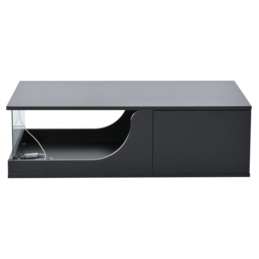 Tavolino da caffè con LED e 2 cassetti 100x50x30 cm in MDF e vetro temperato; nero