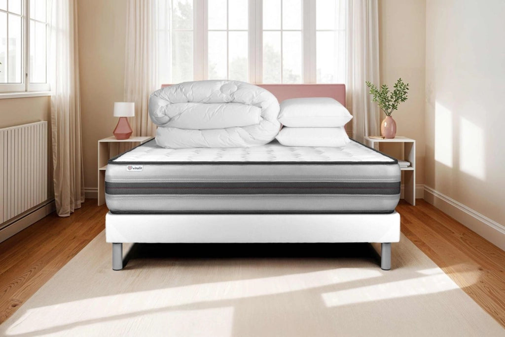 Pacchetto letto completo - Materasso 140x200cm + Box spring con doghe (in kit) + 2 cuscini + Piumino - Vitalpower Recover