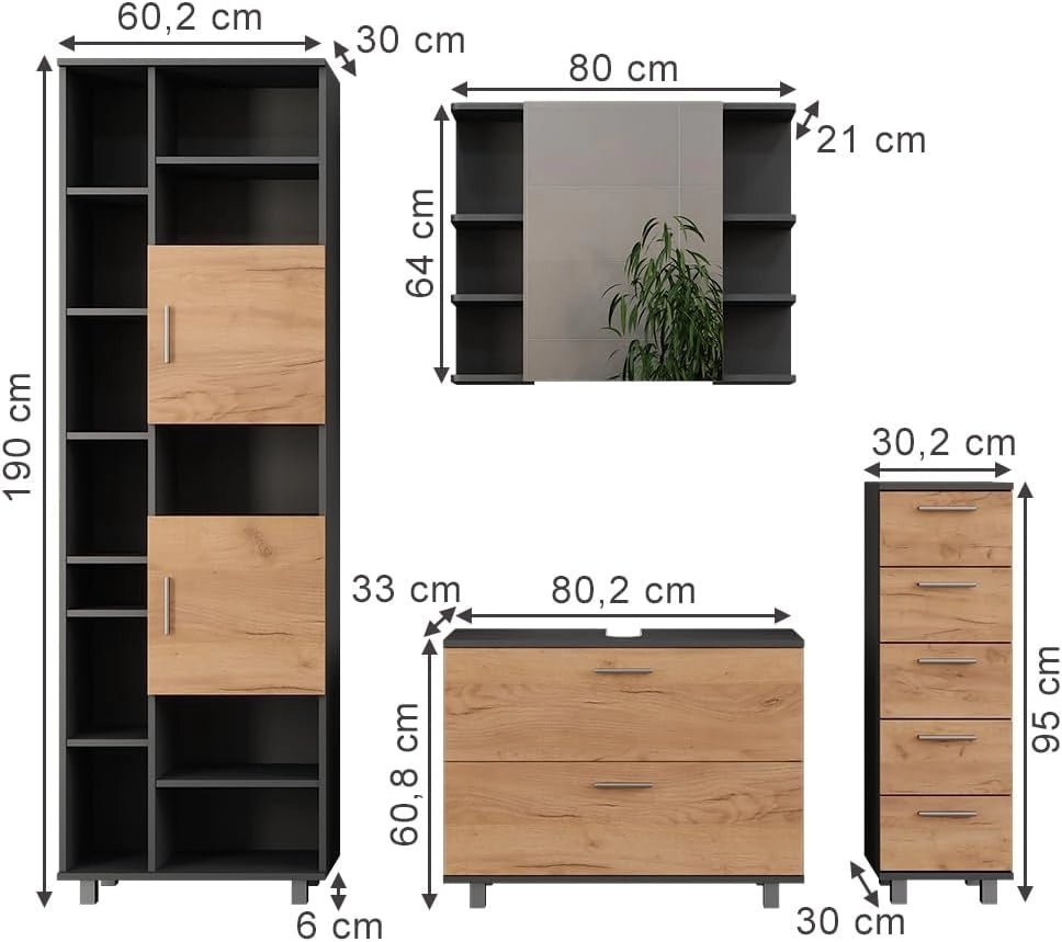 Set di mobili da bagno Ilias, Quercia dorata/antracite, 80.2 cm, composto da mobile lavabo, pensile a specchio, colonna e base media