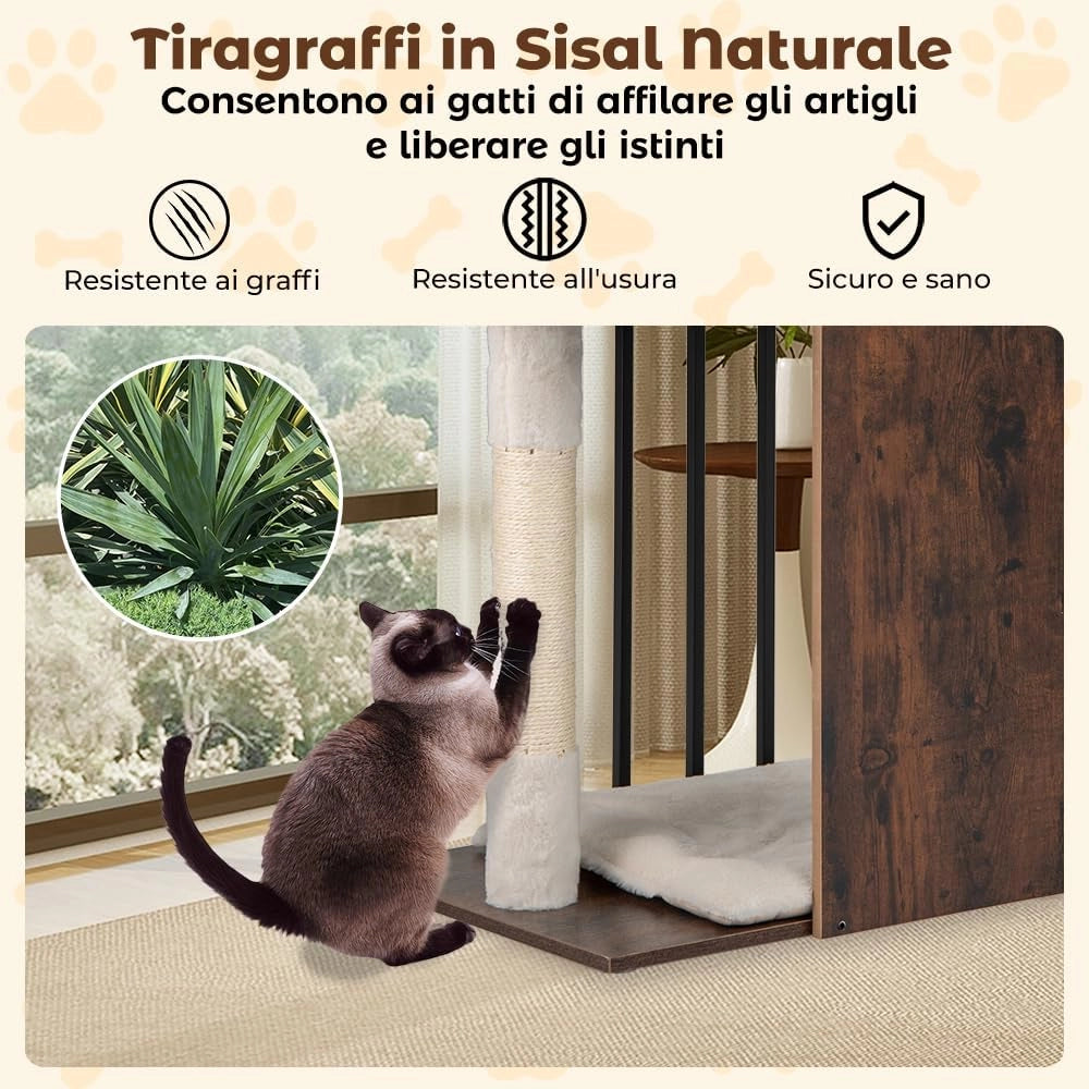 Albero per Gatti Alto 112 cm, Tiragraffi per Gatti in Legno con Posti a Grattare in Sisal, Palline Appese, Cuscini Morbidi Rimovibili e Lavabili, Tiragraffi Gatto per Arrampicata