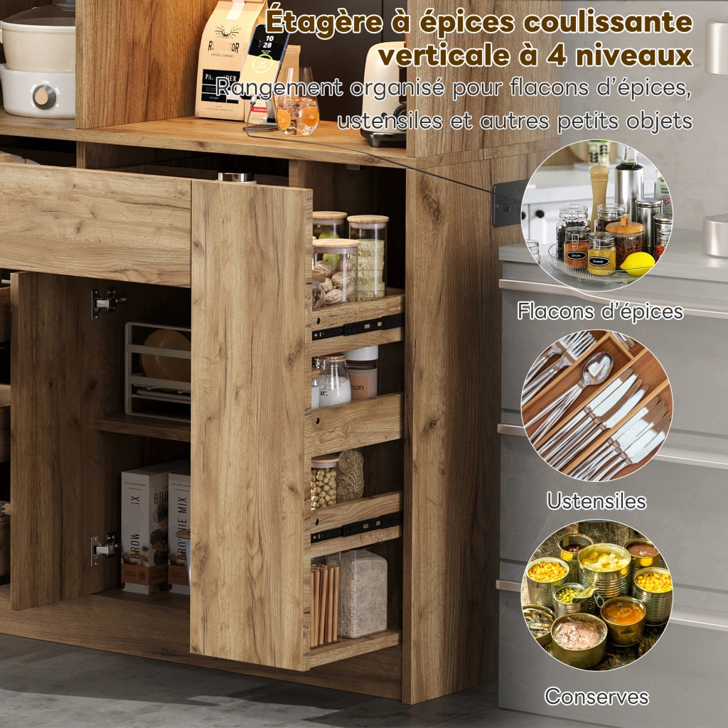 Credenza da cucina con ripiani regolabili; LED e prese - per cucina - in MDF - 185x105x40 cm - nero e naturale
