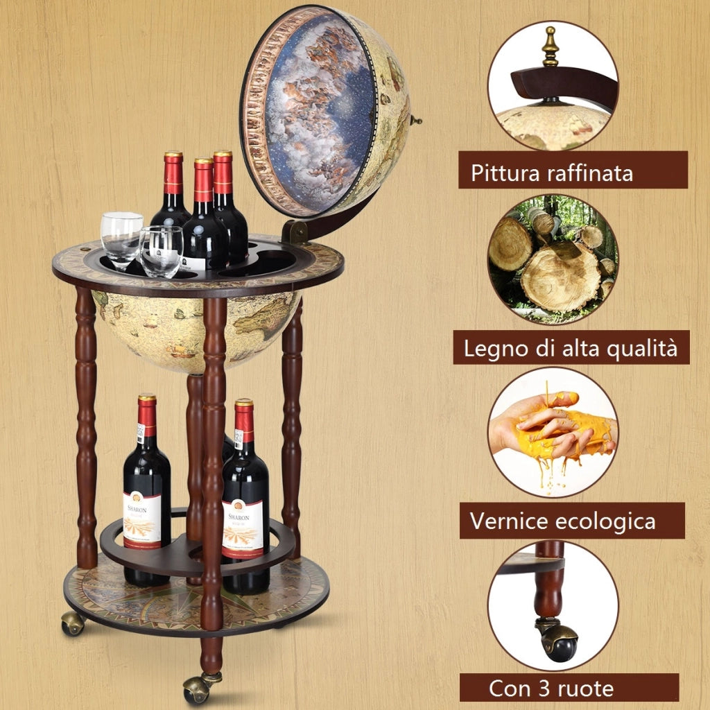 Mappamondo bar con ruote Mobile porta liquori disegno innovativo e pratico 88x45x45cm Beige-Mobili porta liquori