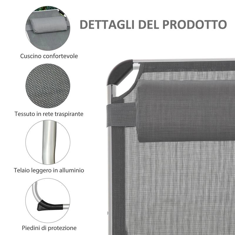 SDRAIO PIEGHEVOLE CON POGGIATESTA E SCHIENALE REGOLABILE IN ALLUMINIO 60X165X76CM GRIGIO