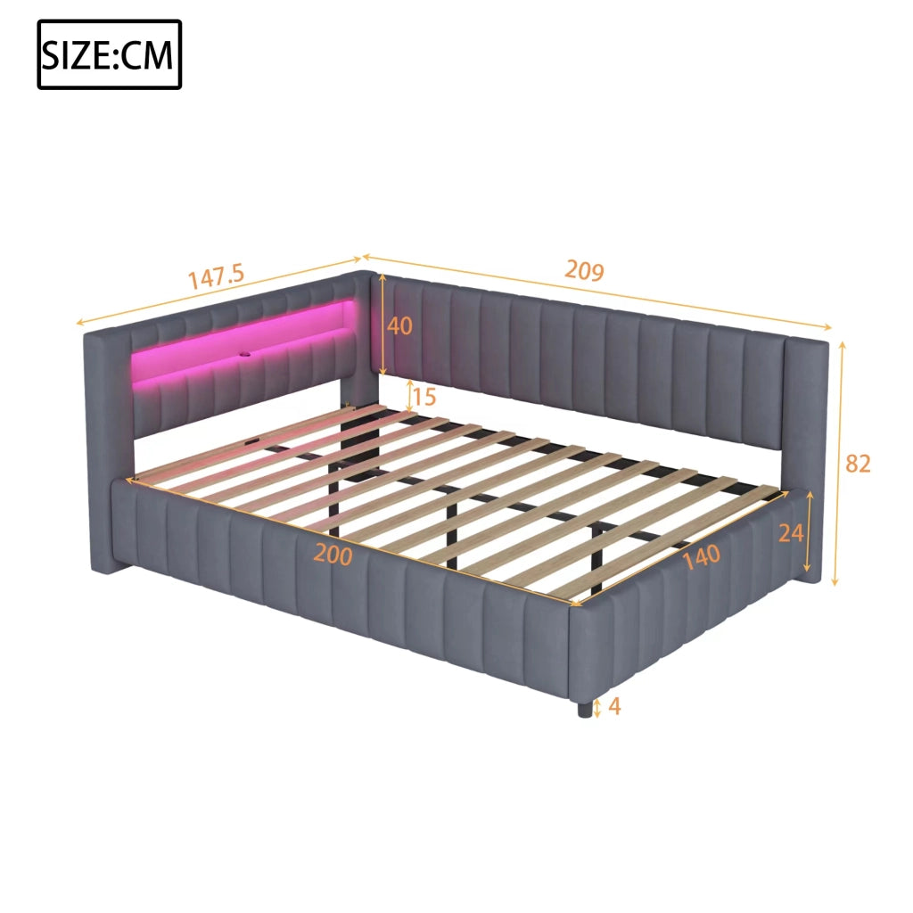 Letto poltrona imbottito in velluto con LED e porta USB grigio 140x200 cm