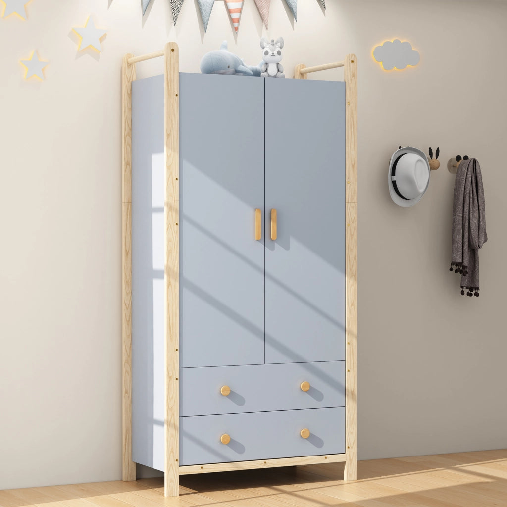 Armadio con 2 ante, 2 cassetti e appendiabiti, con libreria a 3 ripiani, in legno e MDF, per camera e ingresso