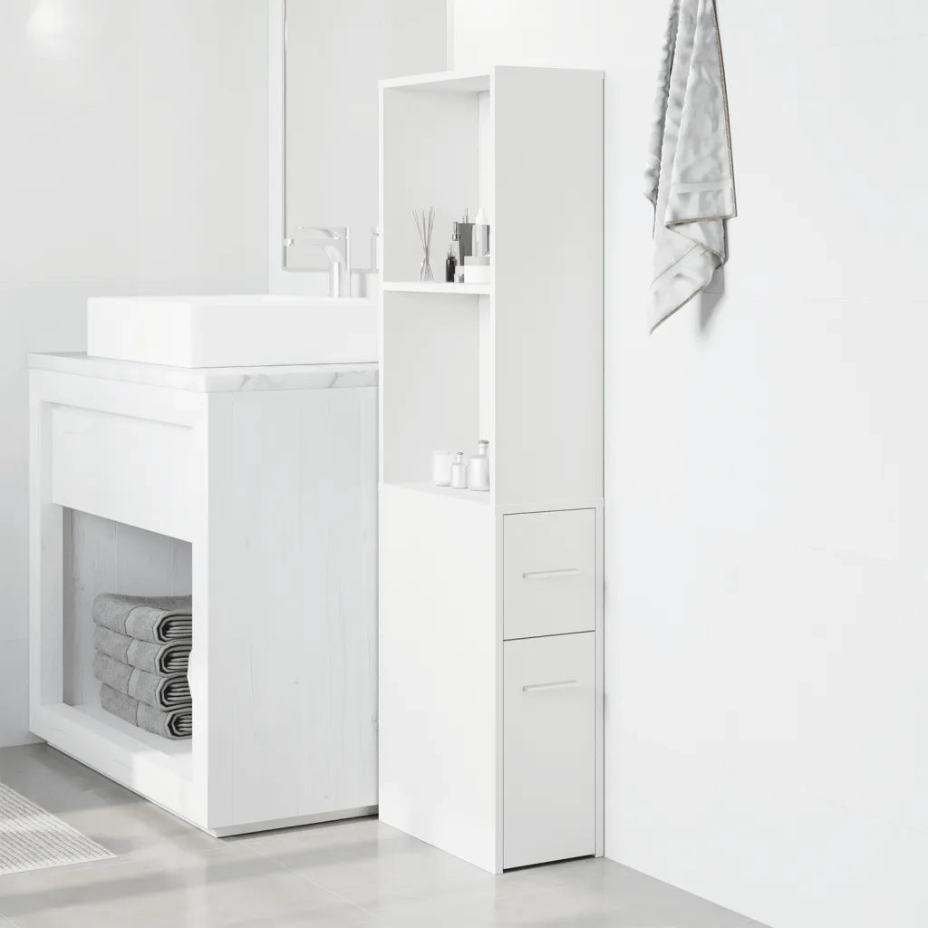Armadietto da Bagno | Armadio da bagno Stretto con Ruote Bianco in Truciolato