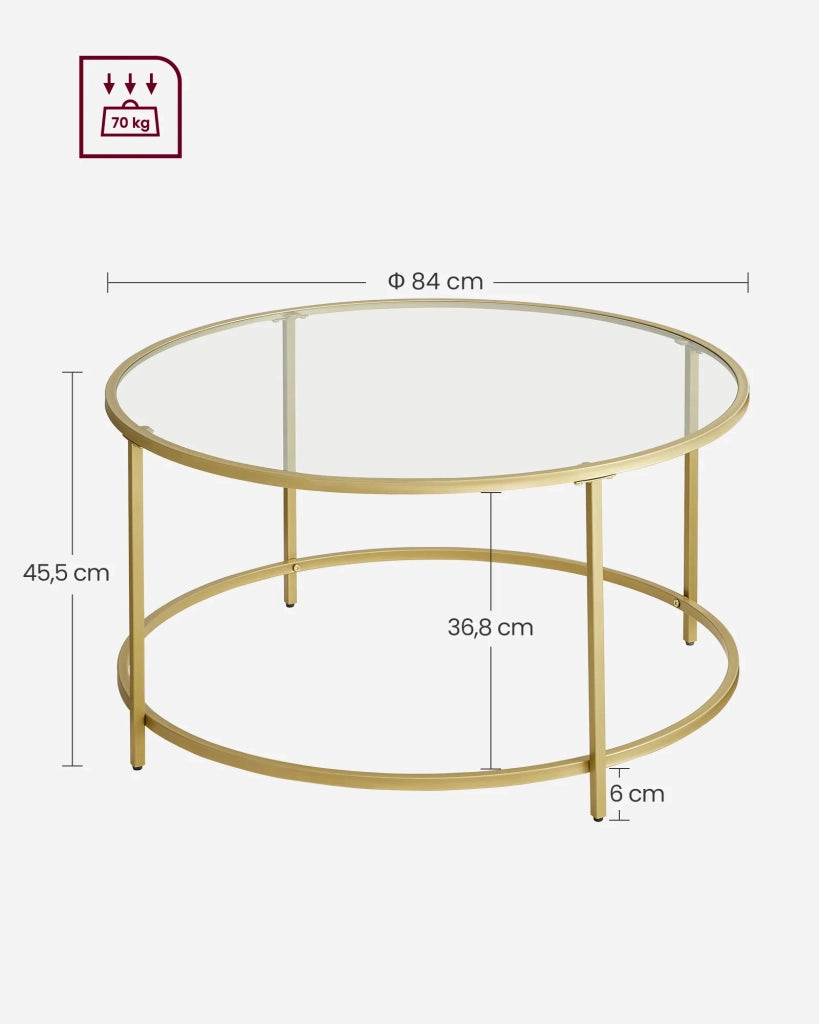 Tavolino rotondo con piano in vetro temperato 84 x 84 x 45,5 cm struttura in metallo dorato tavolino da soggiorno/da salotto robusto e stabile finitura decorativa dorata 12_0007458