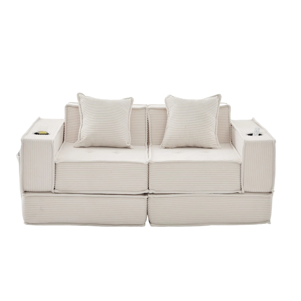 Pouf divano modulare in tessuto effetto corduroy beige, con 2 cuscini e tasche laterali, seduta bassa per relax