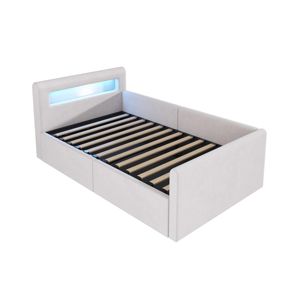 Letto Singolo Imbottito per Bambini con LED e Contenitore Idraulico ¨C MINIMAL ¨C Velluto Beige 90x200