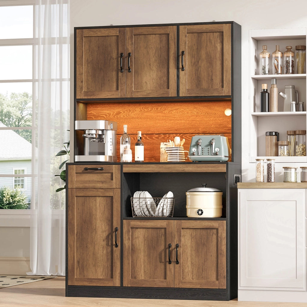 Mobile da cucina con LED RGB; prese USB e ripiani regolabili 110x40x180 cm; MDF naturale e nero
