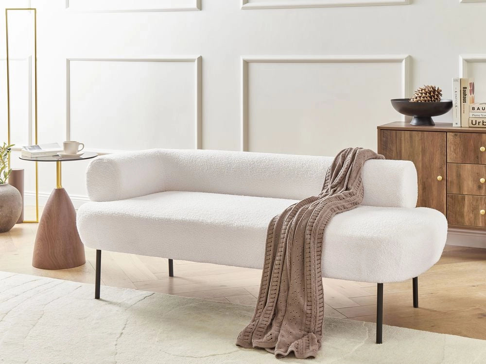 Chaise longue lato sinistro in tessuto bouclè bianco sporco rivestimento idrorepellente gambe in metallo design moderno per soggiorno