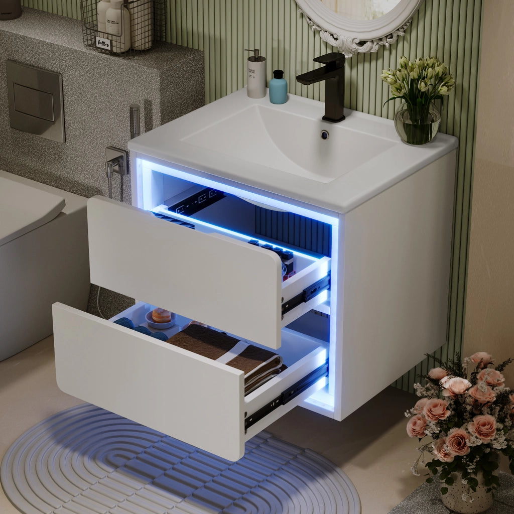 Mobile sottolavabo da bagno con lavabo in ceramica, 2 cassetti, LED con sensore radar, per bagno, bianco 60 × 46 × 50 cm