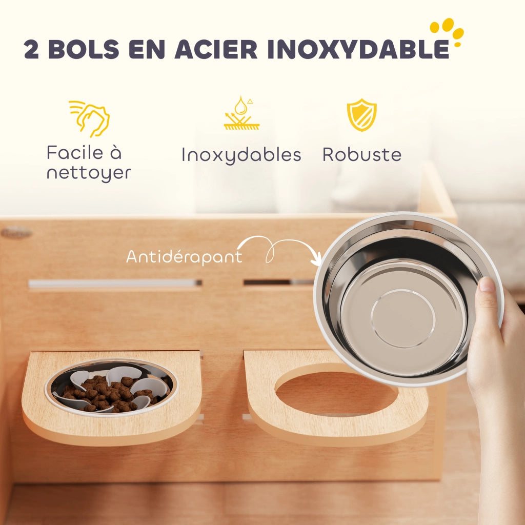 Tavolino per cani ¨C zephmum ¨C 2 ciotole in acciaio inossidabile 63x58.5x40 cm quercia