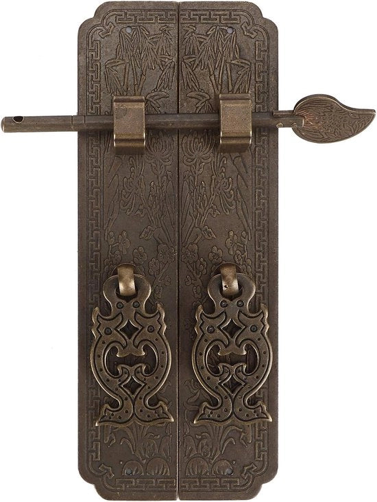 Maniglia per Maniglie di Porta in Stile Cinese con Finestra a Rete in Ottone Antico.