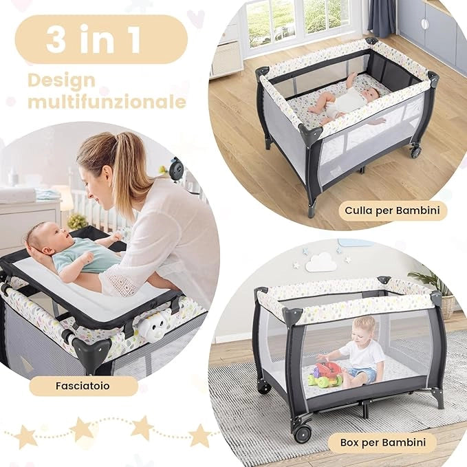 3 in 1 Lettino da Viaggio per Neonati, Lettino da Campeggio Portatile per Bambini con Culla e Fasciatoio Rimovibile, Materasso Rimovibile, per Bambini 0-36 Mesi (Colorato)