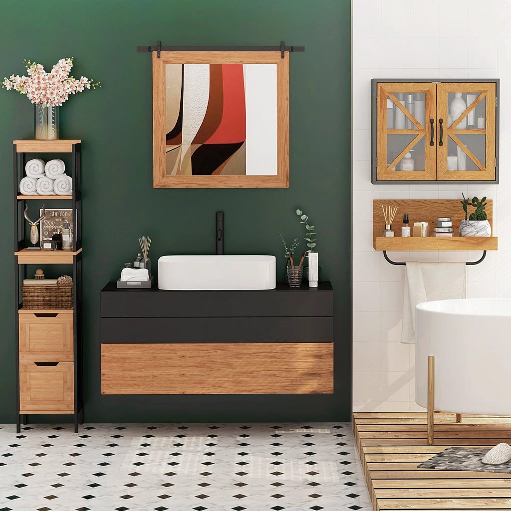 Mobile da Bagno ¨C zephmum ¨C Nero e Naturale 30x30x144,3 cm