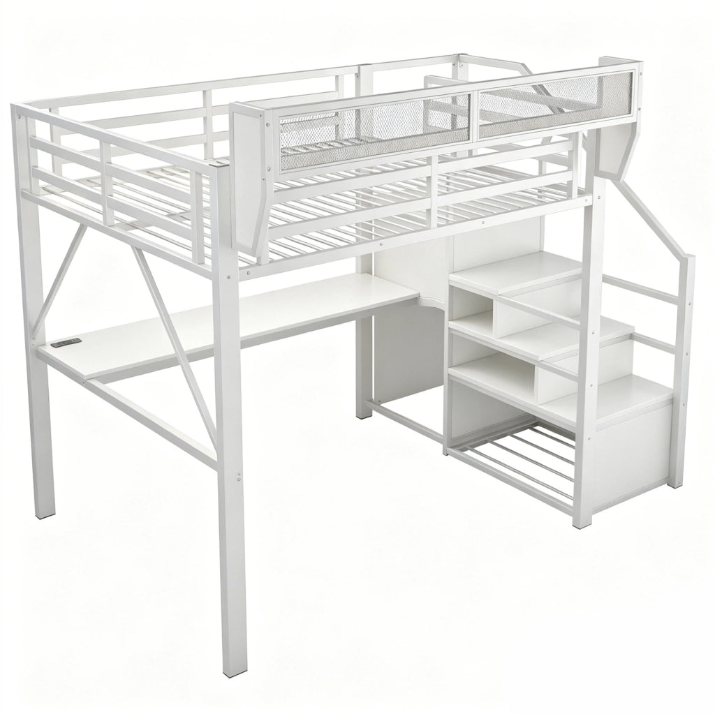 Letto a soppalco 140x200 cm in metallo con scrivania; striscia LED; scala e ripiani; bianco