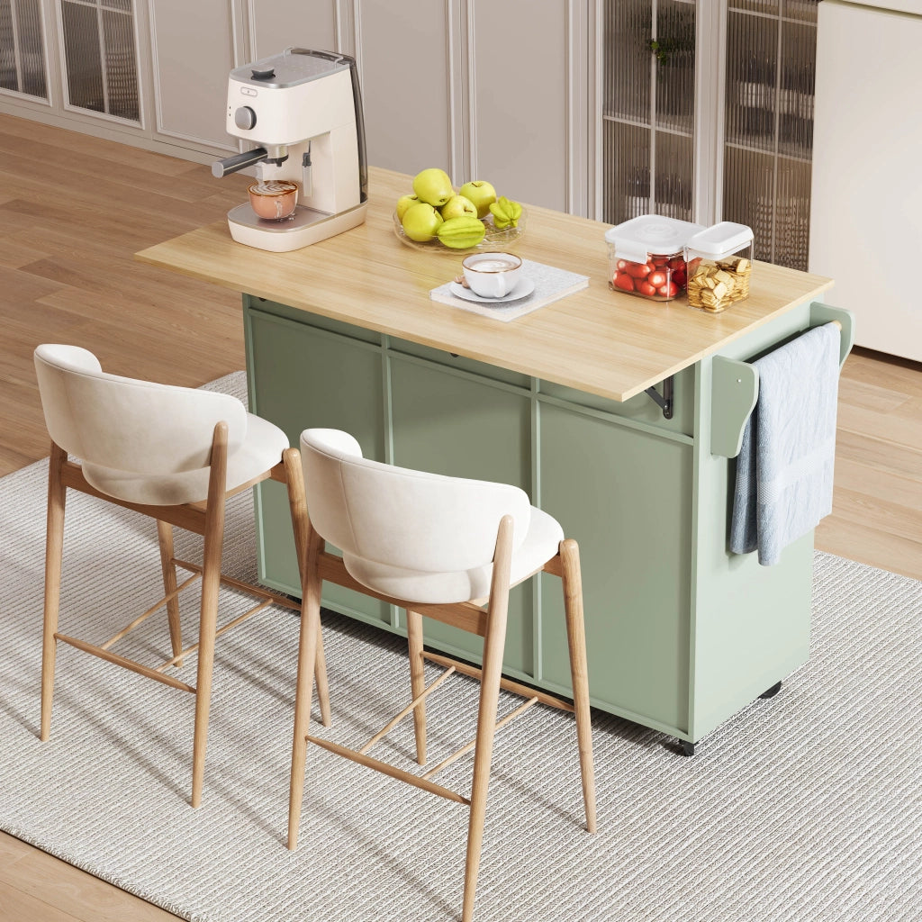 Isola Cucina Mobile 129x46/71x91,5 cm Verde Antico con Piano Ribaltabile, 2 Cassetti e 5 Ruote