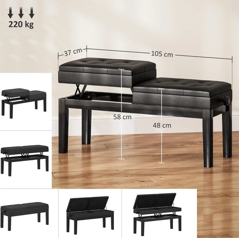 Sgabello da Piano con Contenitore 105x37x48-58 cm， Similpelle Nera