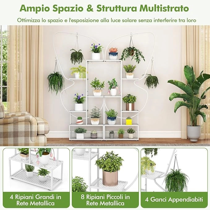 Scaffale Porta Piante a 6 Livelli, Scaffale per Vasi a Forma di Farfalla con 12 Ripiani in Rete Metallica e 4 Ganci, Mensola a Scala per Piante da Interno e Esterno (Bianco)