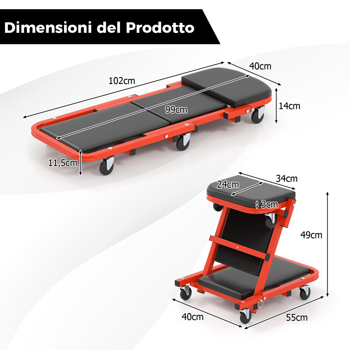 Sedia per meccanico 2 in 1 con sedile imbottito e 6 ruote, Sgabello da officina pieghevole a forma di Z Nero-Utensili