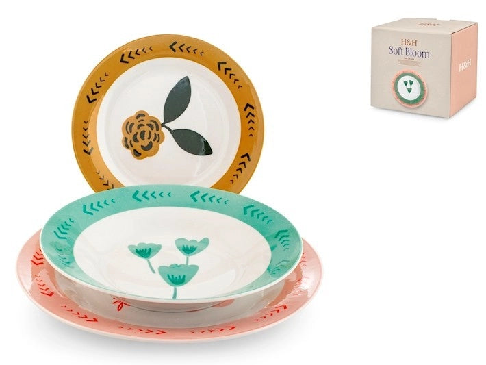 Servizio 18 pezzi tavola soft bloom in porcellana decorata