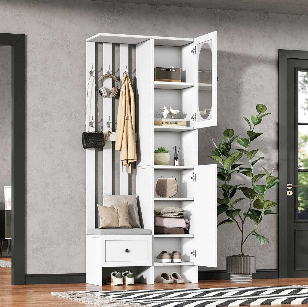 Armadio ingresso multifunzione 85 x 33;5 x 200 cm in truciolare bianco con ante in vetro temperato