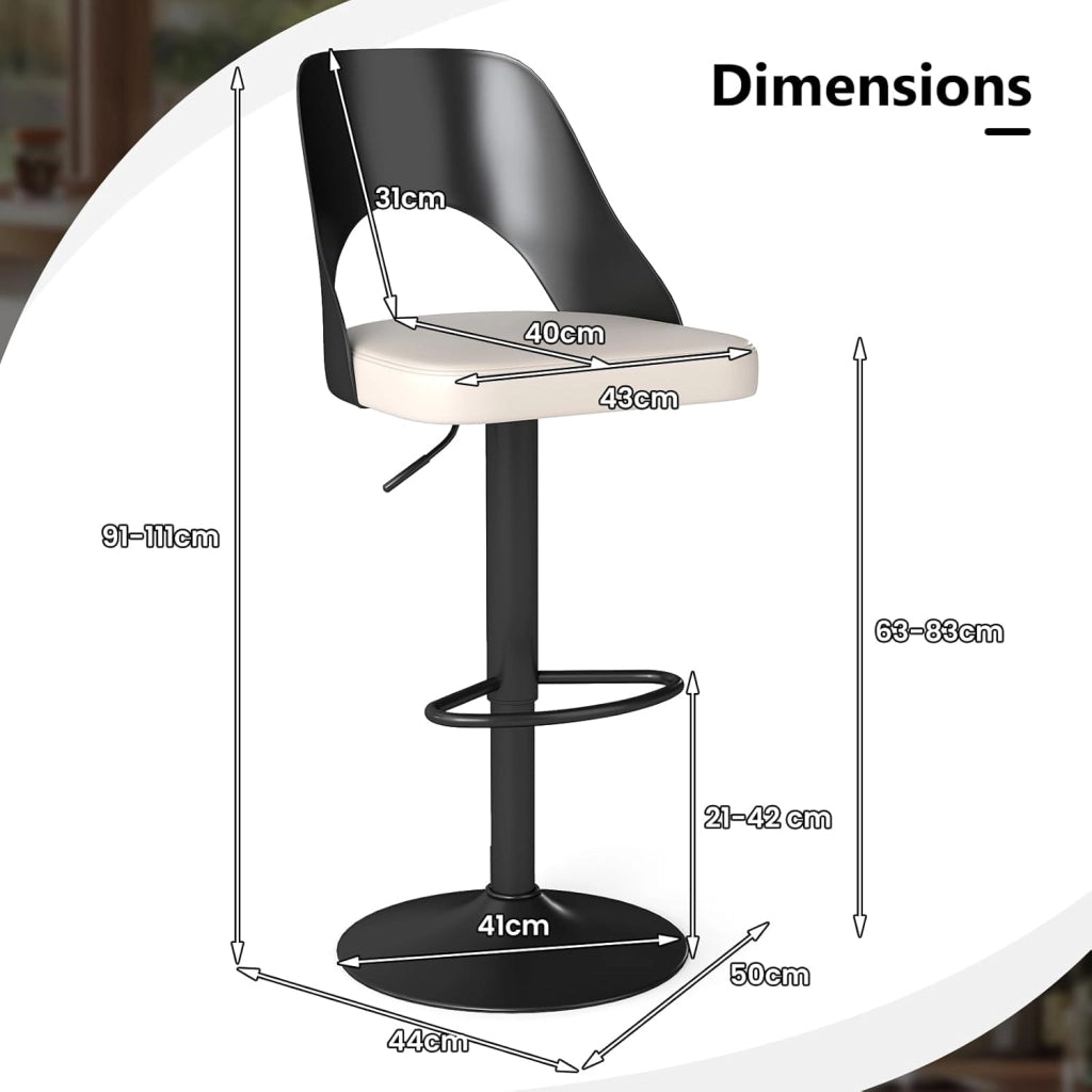 Set di 2 Sedie da Bar, Sedie Ergonomiche senza Braccioli ad Altezza Regolabile con Poggiapiedi, Base in Metallo, Anello di Gomma Antiscivolo, Schienale Avvolgente (Bianco+Nero)