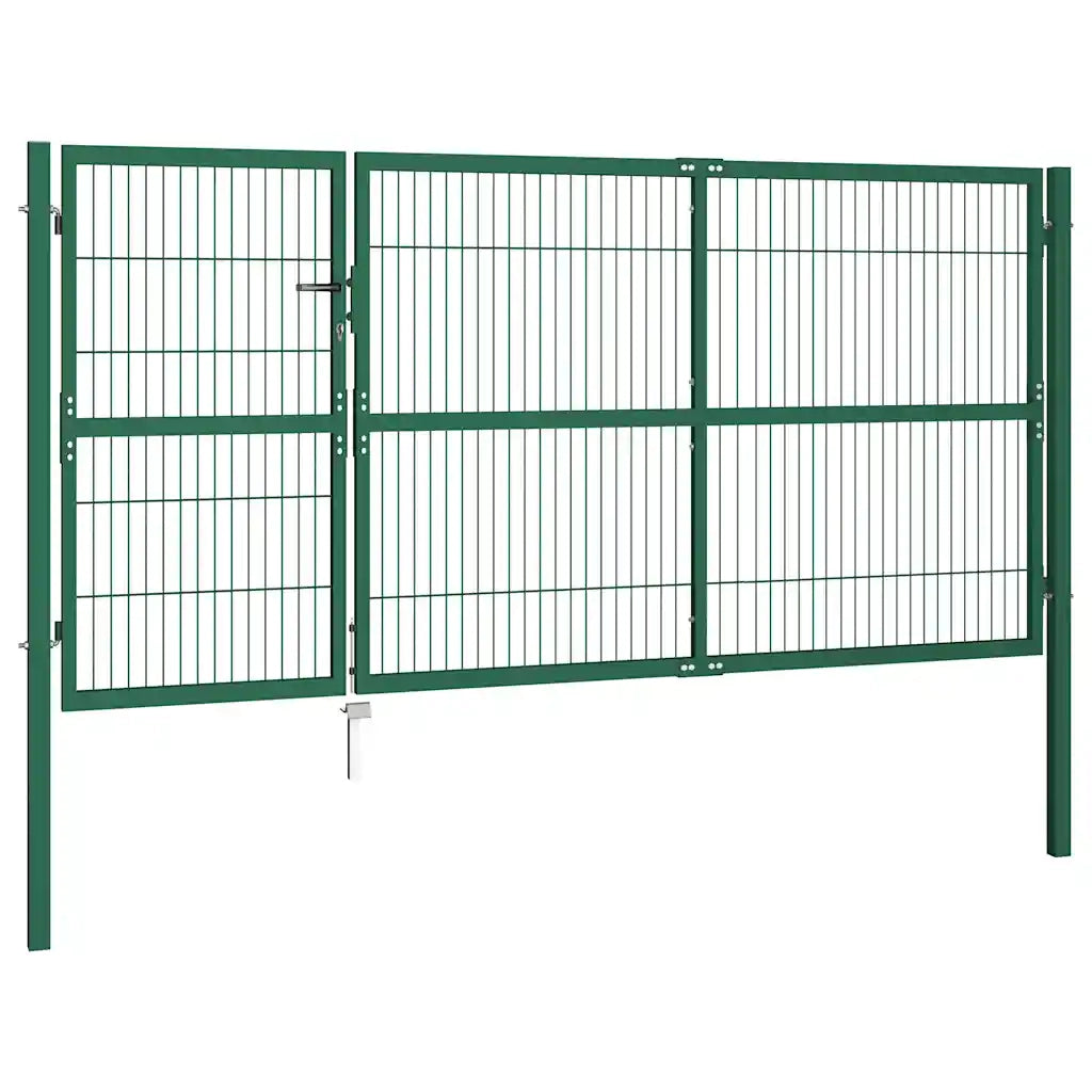 Cancello per Recinzione da Giardino con Pali 350x140 cm in Acciaio Verde 142571