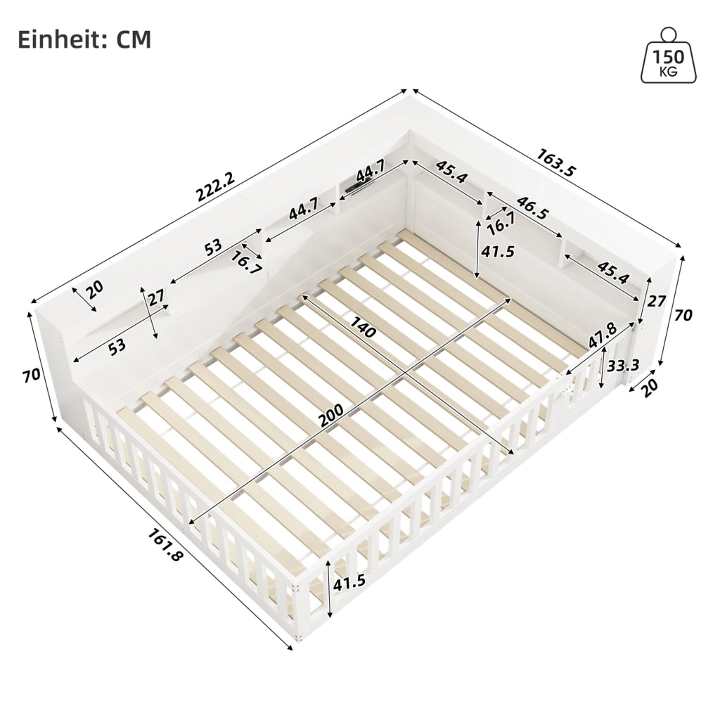 Letto da giorno con vano contenitore; prese e USB; per materasso 140x200 cm; bianco