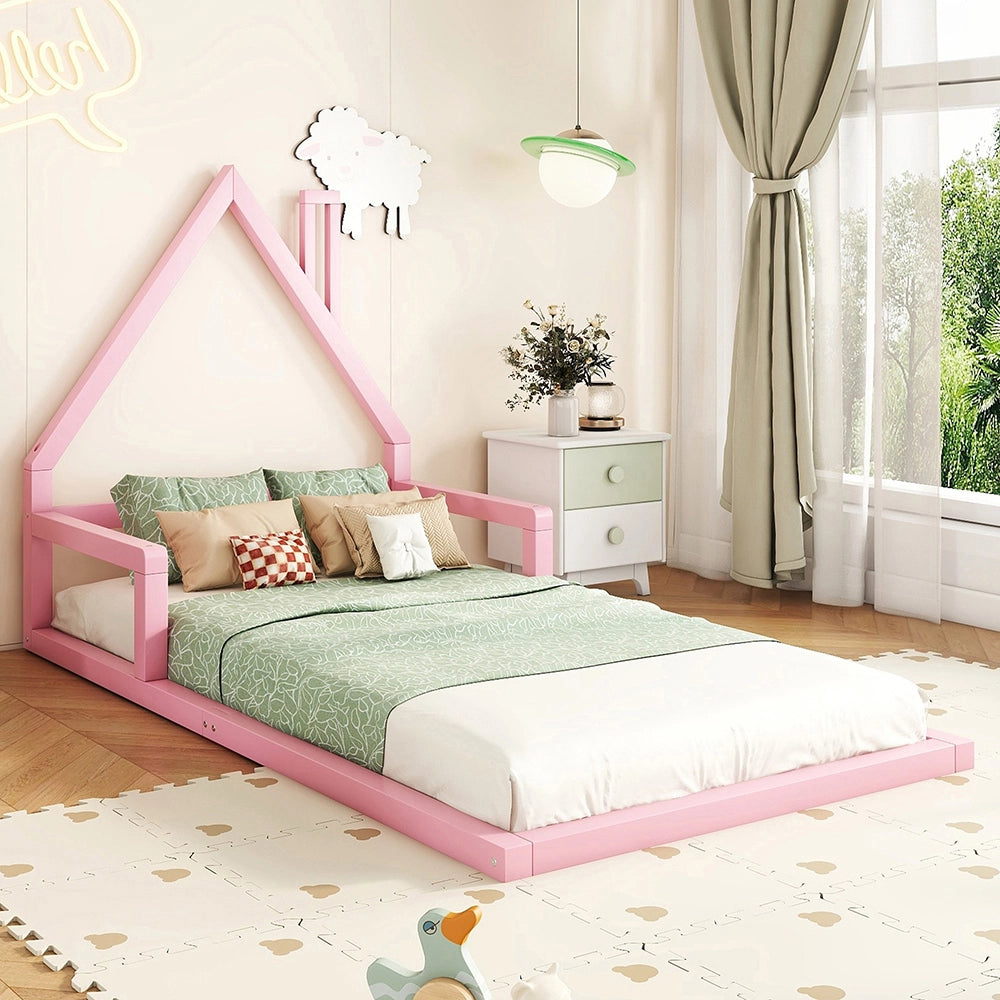 Lit cabane per bambini - Xylo - 90x200 cm - Rosa - Forma casa in pino massiccio