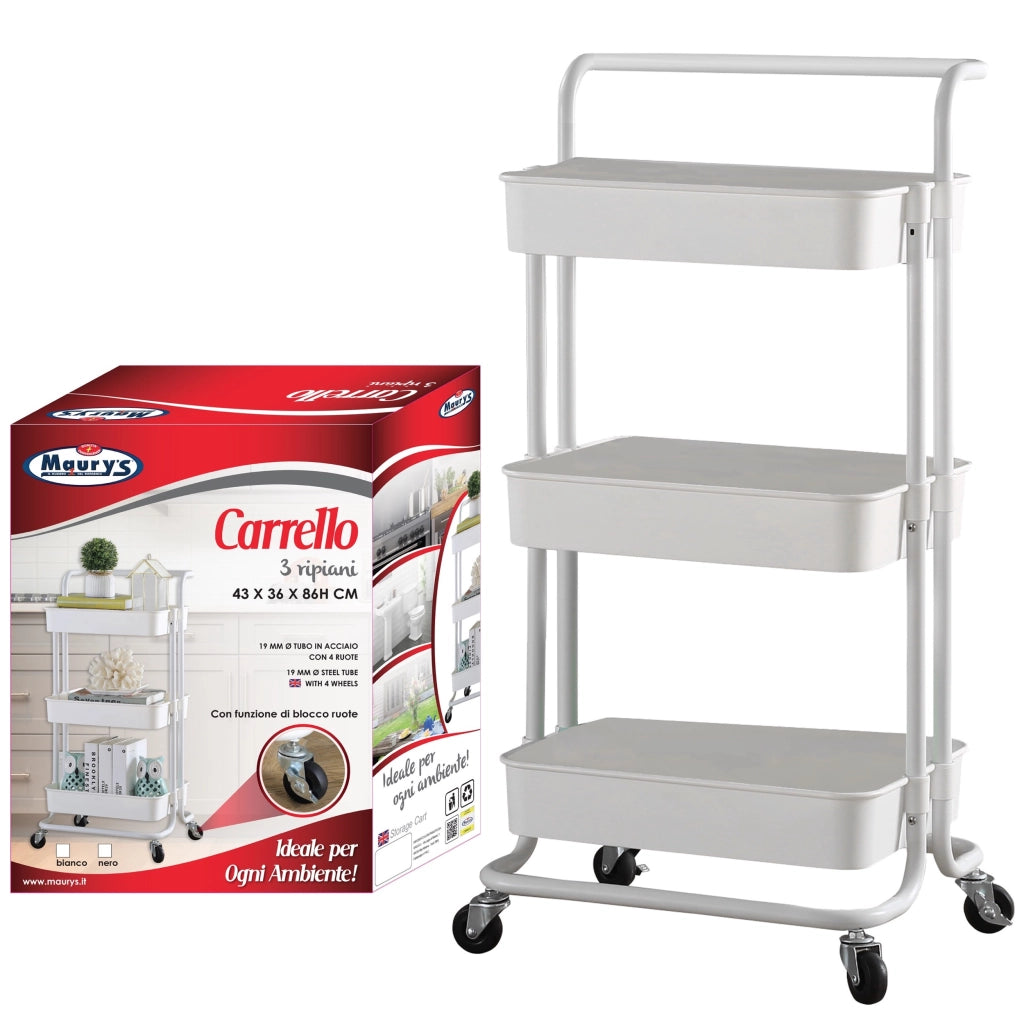 MAURY'S CARRELLO BIANCO PORTATUTTO 3 RIPIANI CON RUOTE MANICO 43X36X86CM METALLO