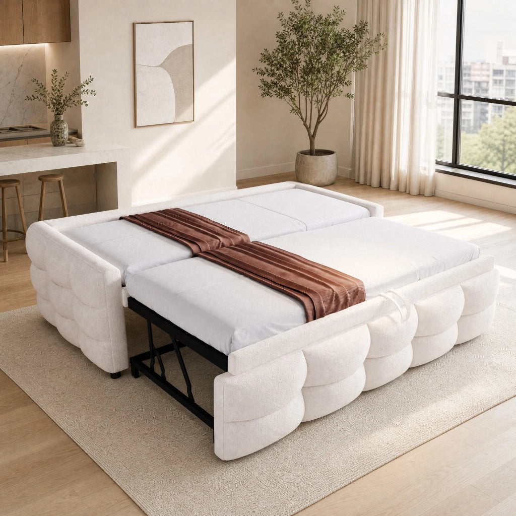 Letto imbottito combinato estraibile 90/180 x 190 cm in Teddy, beige, con rete a doghe, senza materasso