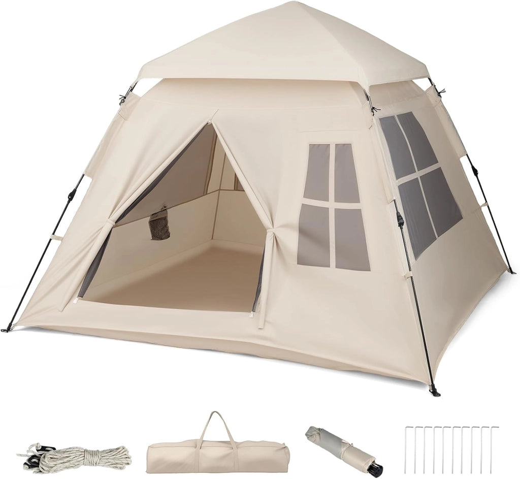 Tenda da Campeggio 3-4 Persone, Tenda Familiare con 4 Finestre Antizanzare Traspiranti e 2 Porte, Telo Antipioggia Rimovibile e Protezione Solare, Facile da Montare