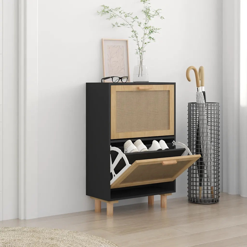 Scarpiera | Mobile per scarpe Nero 52x25x80cm Legno Multistrato e Rattan Naturale